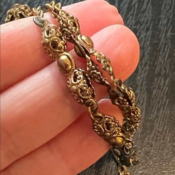 Vintage Mid Century West German Filigree Green Porphyry Slag Glass Necklace - Picture 9 of 12